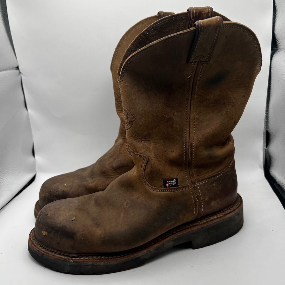 Justin Original Workboots 4491 Mens 9.5 D Brown Leather Steel Toe Western Boots